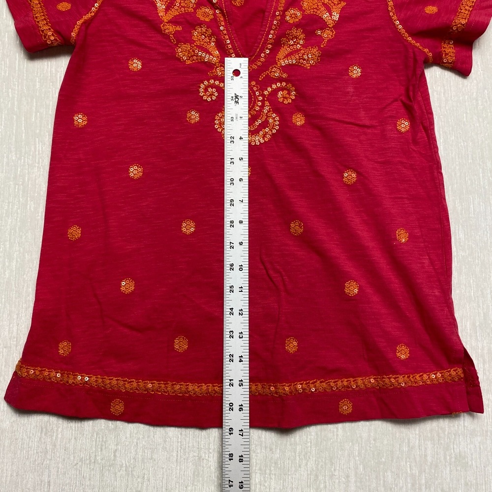 Sundance Floral Embroidered Top Womens Small Red Slub Sequin V-Neck Boho Blouse - Picture 9 of 16